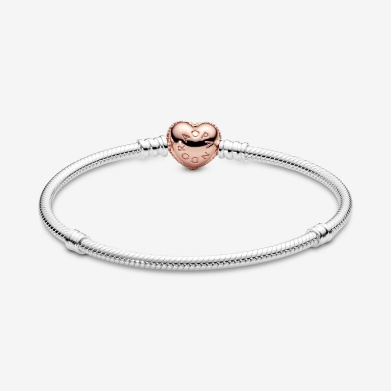 Two-tone Pandora Moments Pavé Heart Clasp Snake Chain Bracelets | 940-HQKOCP